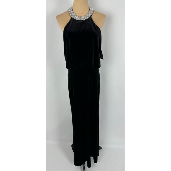 Marina Size 4 Black Velvet Evening Gown Dress Halter Jeweled Neckline Christmas - Picture 2 of 16